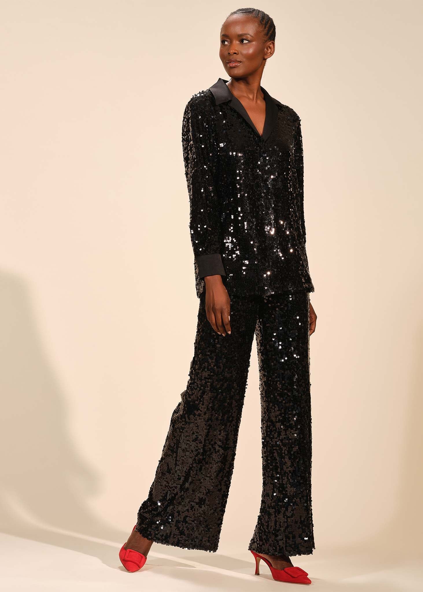 Sequin Button Down Notch Collar Blouse - Image 4